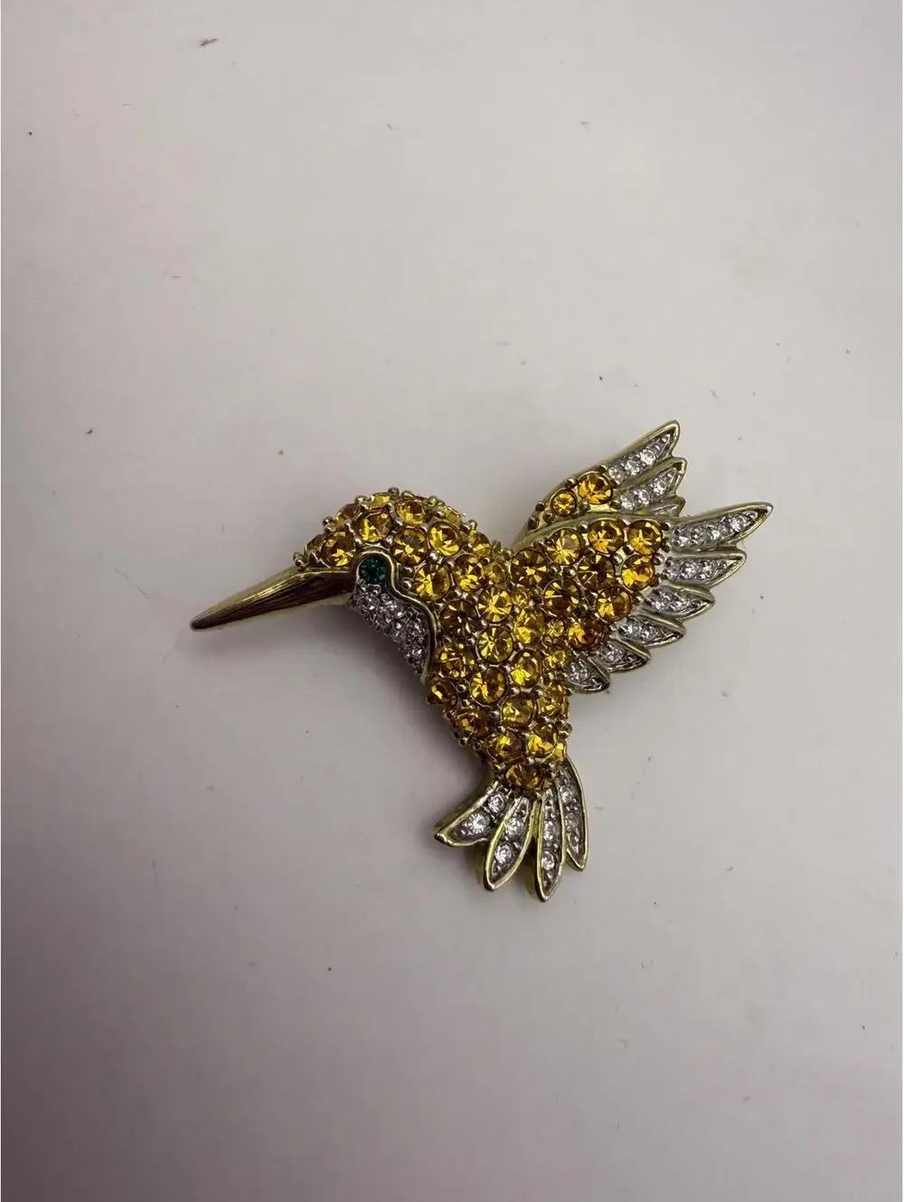 Vintage Hummingbird Brooch with Yellow and Clear Rhinestones